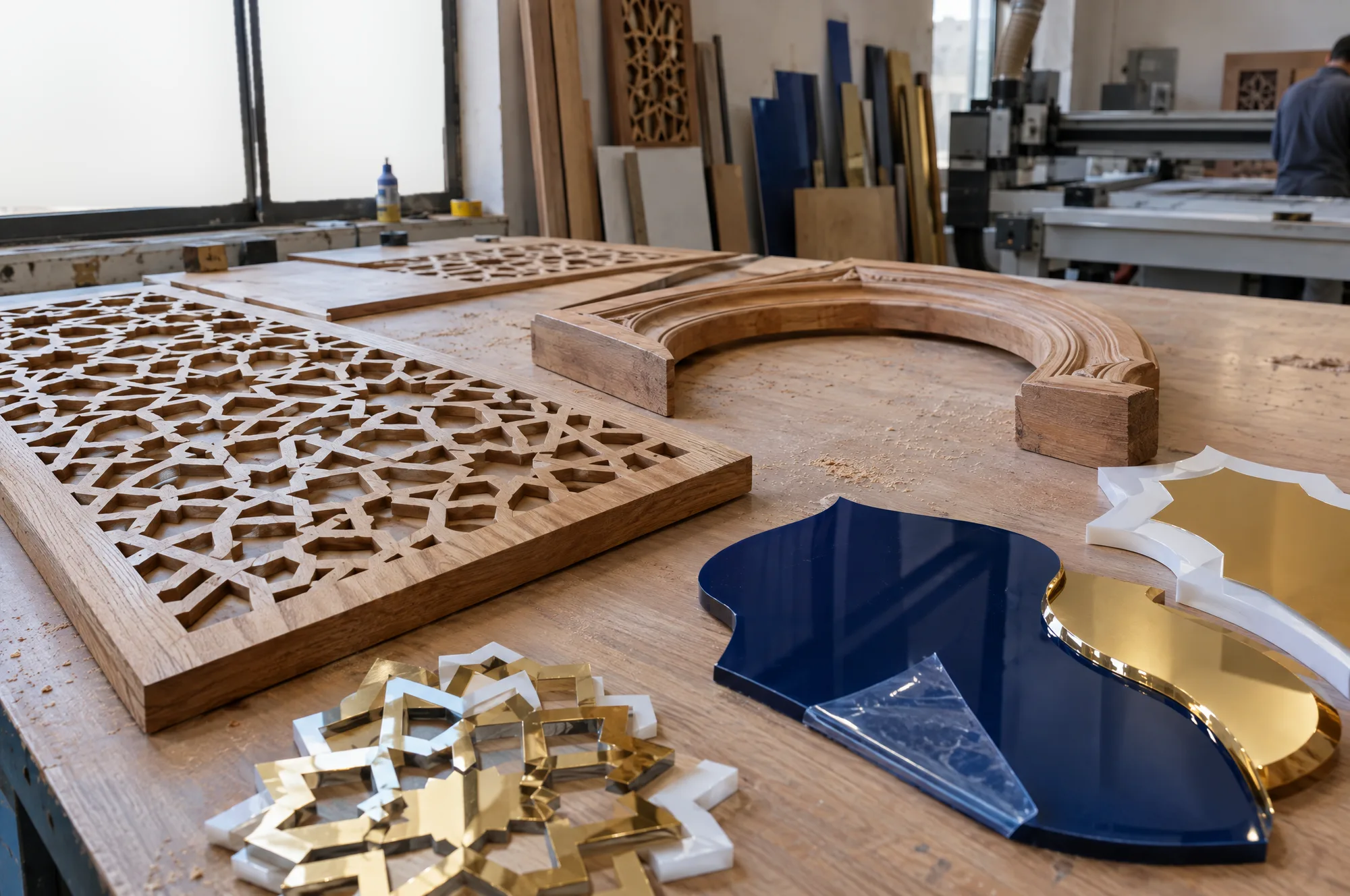 CNC-cut wooden lattice panels and acrylic decorative pieces on a workshop bench